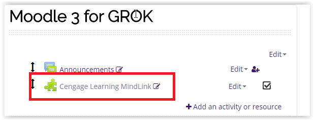 Cengage Learning MindLink activity on course homepage