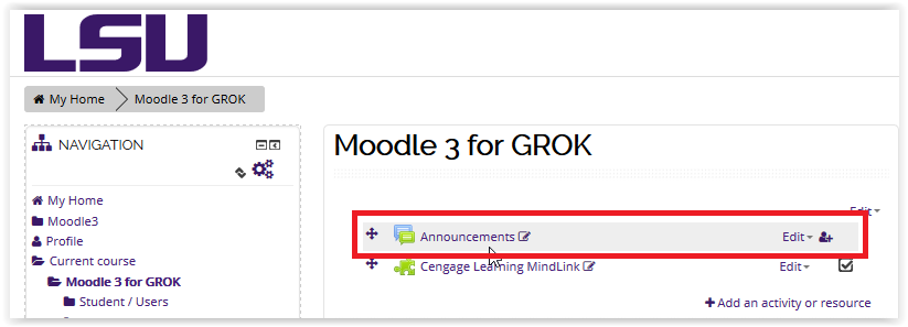 Announcements option on the moodle 3 main page.