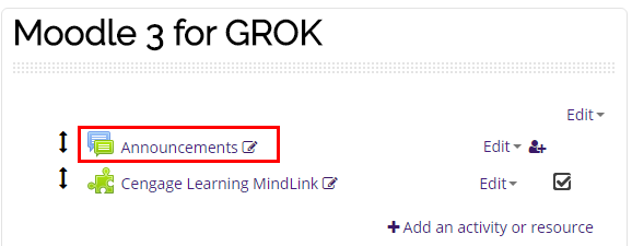 Announcements link on moodle page