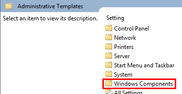 Windows Components highlighted in the group policy window