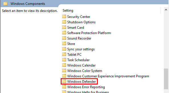 Windows Defender highlighted in the group policy window