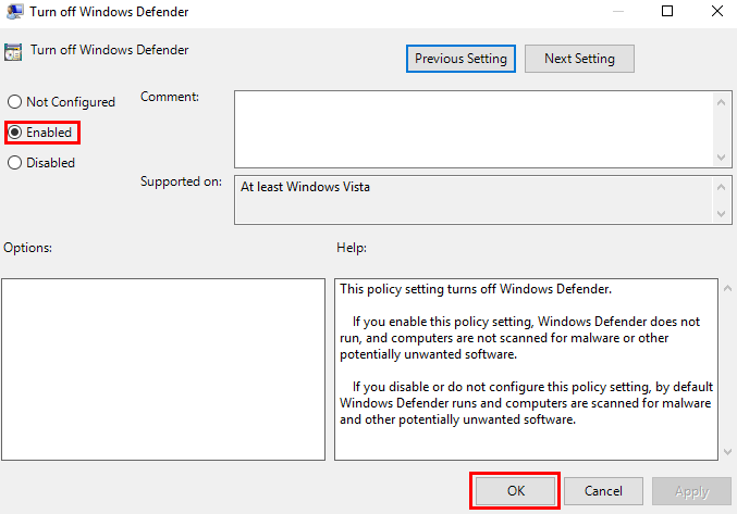 The settings for Turn off Windows Defender in group policy