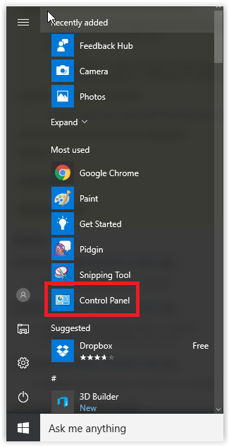 the control panel on the start menu.