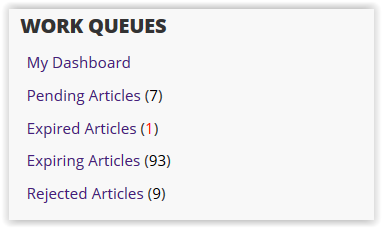 work queues with pending, expired, expiring and rejected articles