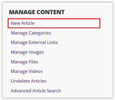new article link under the manage content section