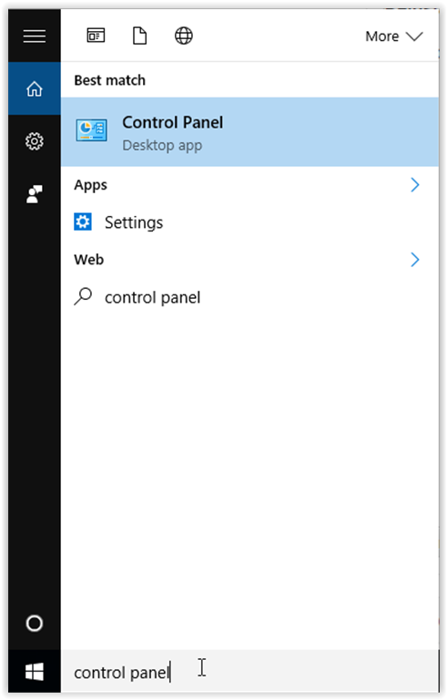 Typing Control Panel in the search bar
