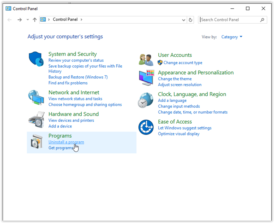 Uninstall a Program under Programs in the Control Panel