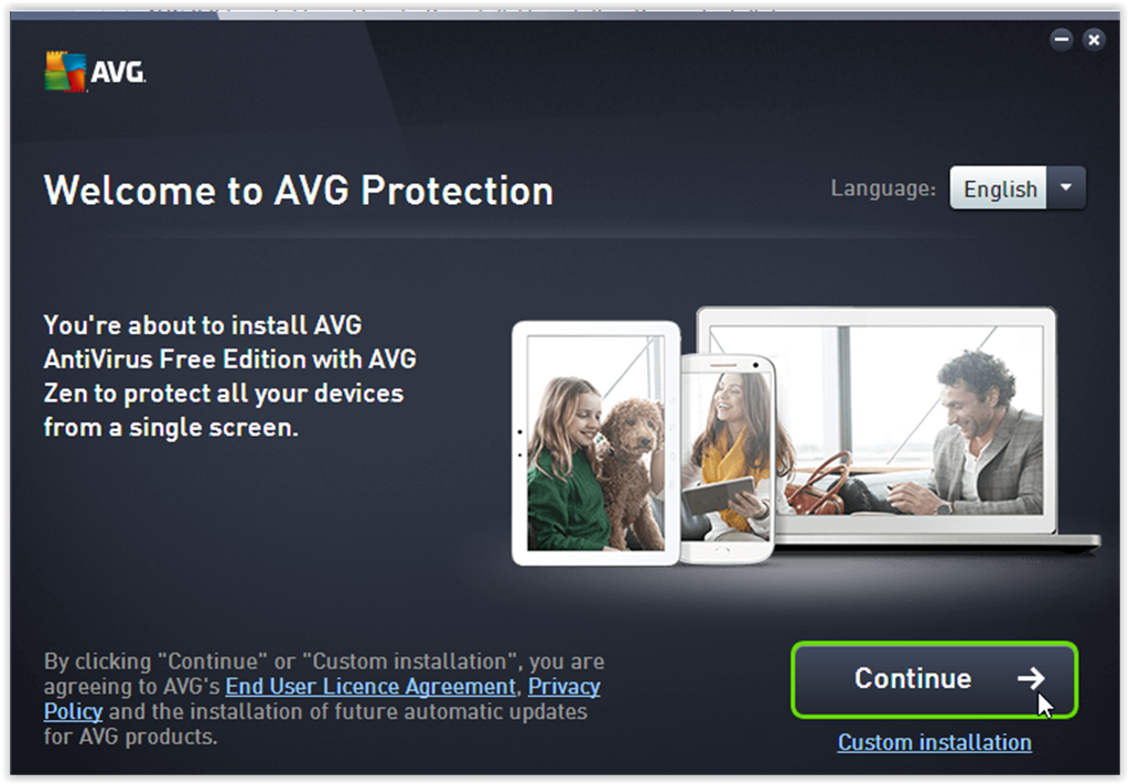 Welcome AVG page with the Continue button