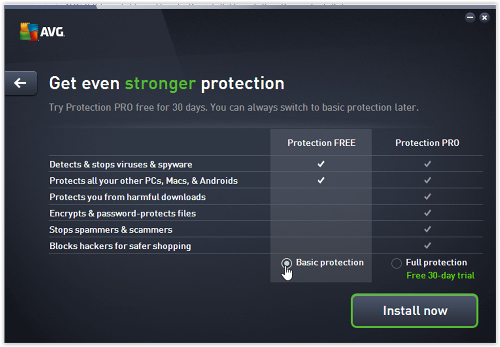 Basic Protection option for AVG