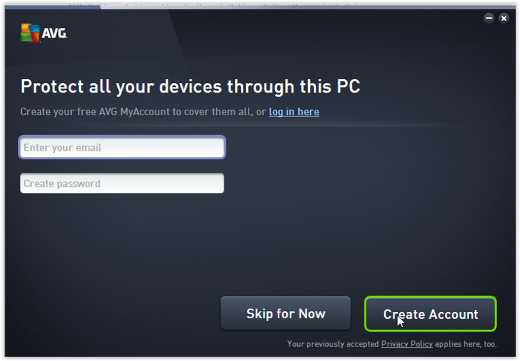 Choosing to set up an account with AVG