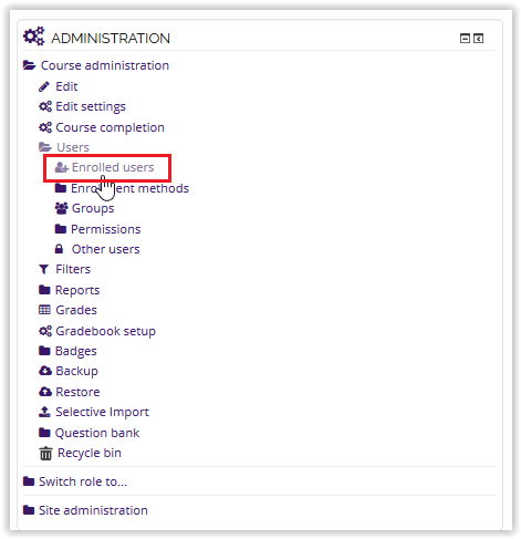 enrolled users options under the users folder