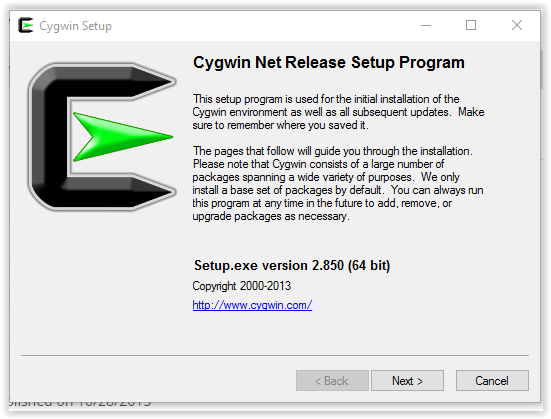 Cygwin setup program introduction screen