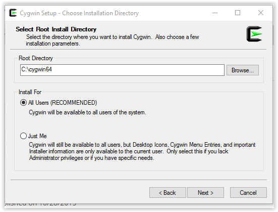 selecting root install directory window- cygwin install