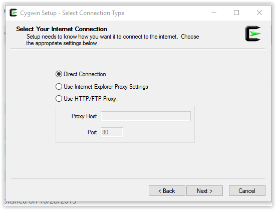 selecting internet connection for cygwin instal