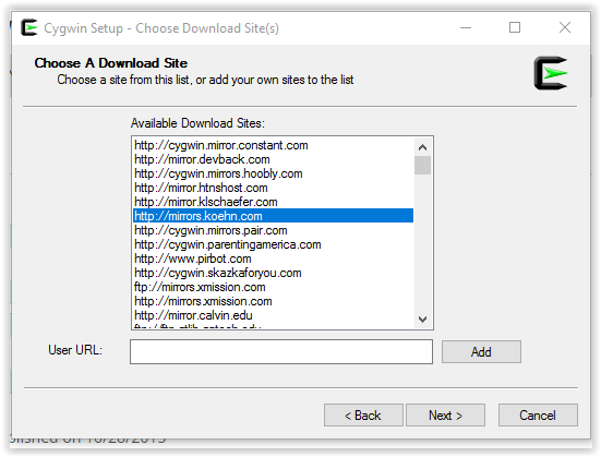 choosing download site for cygwin installation