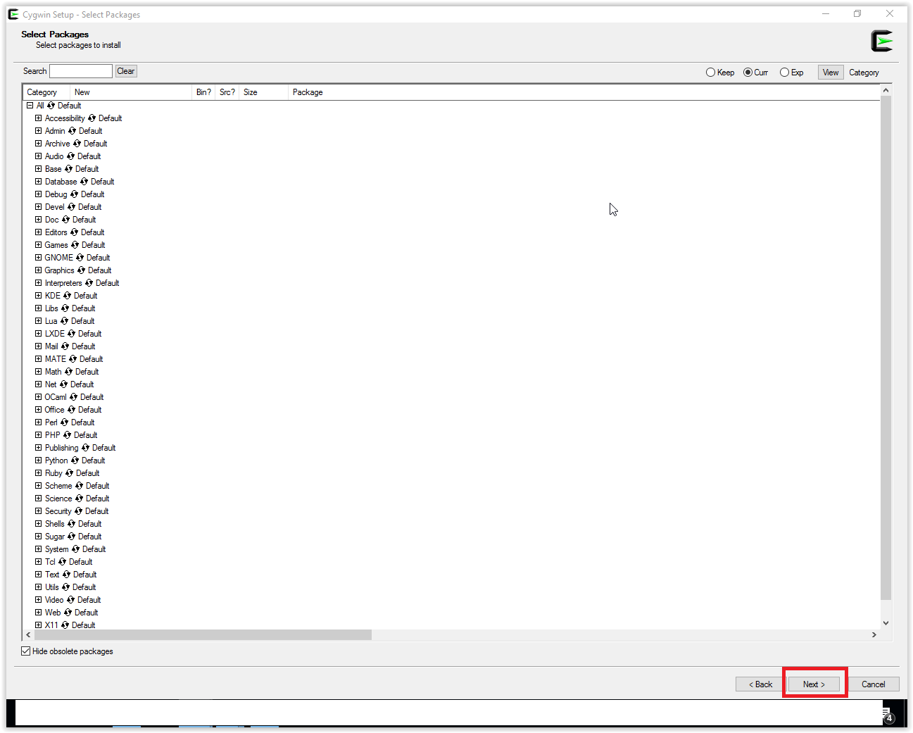selecting packages for cygwin installation