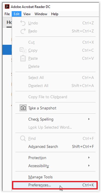 Preferences under the Edit drop-down menu