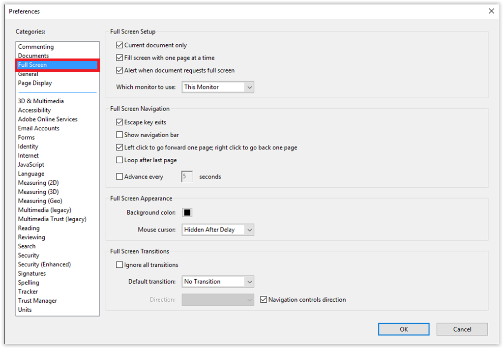 Full Screen under Categories in Preferences