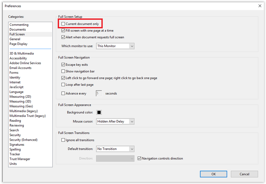 Current Document only option left unchecked