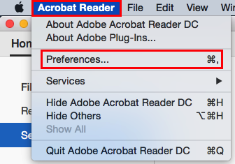 The preferences option in the Acrobat Reader dropdown menu.