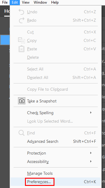 the preferences command on the edit toolbar.