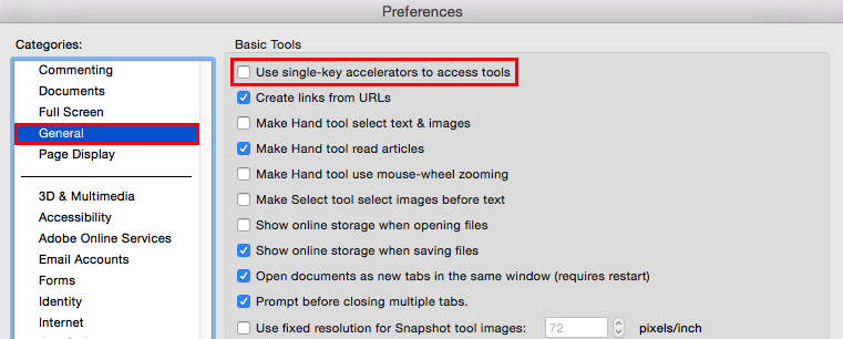 categories window on the preferences dialog box.