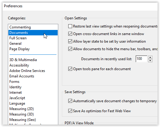 document categories on the preferences dialog box.