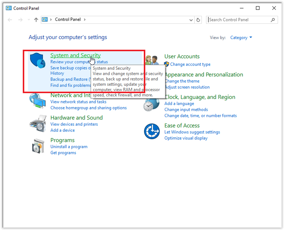 System and Security link in control panel.