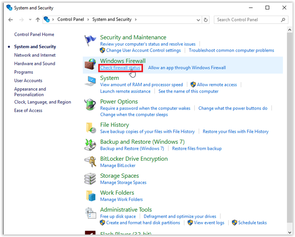 Check firewall status link