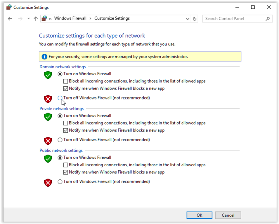 Options to turn firewall on and off for the networks