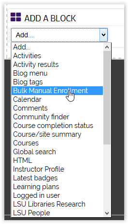 the add a block menu with Bulk Manual enrollment highlighted