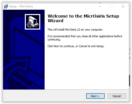 MicroOsiris setup wizard intro screen