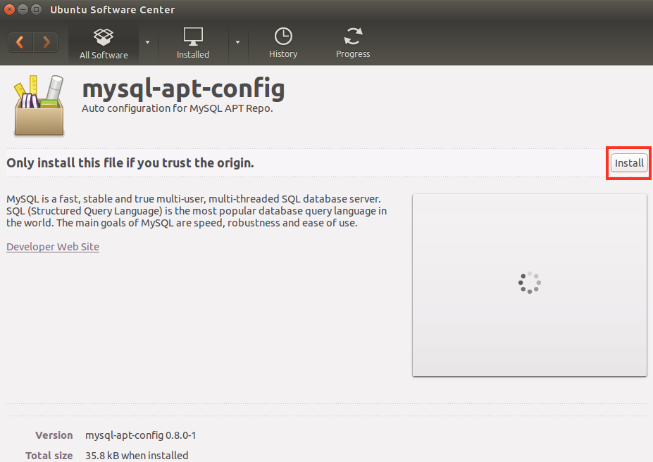 Ubuntu software center showing user to click the install button