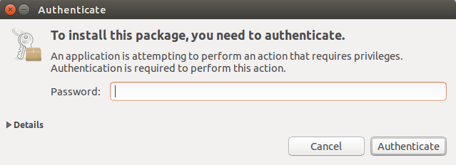 Ubuntu software center showing user to enter credentials