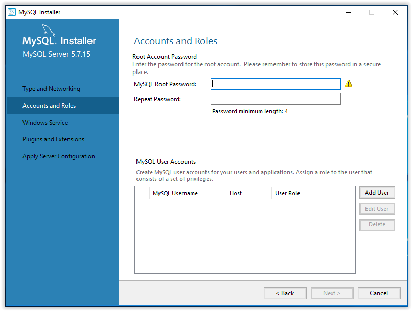 mySQL set account password screen