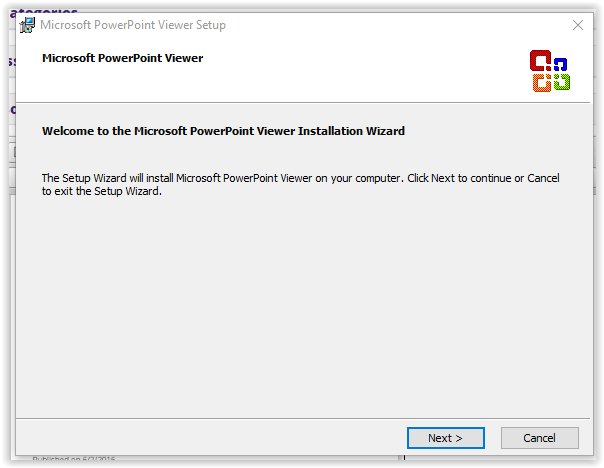 the microsoft powerpoint viewer installation setup wizard intro screen