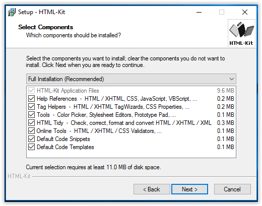 HTML-Kit installation component selection