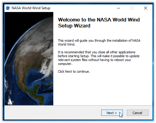 Setup wizard for NASA World Wind
