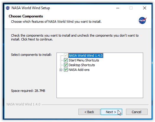 Choose components to install along with NASA World WInd