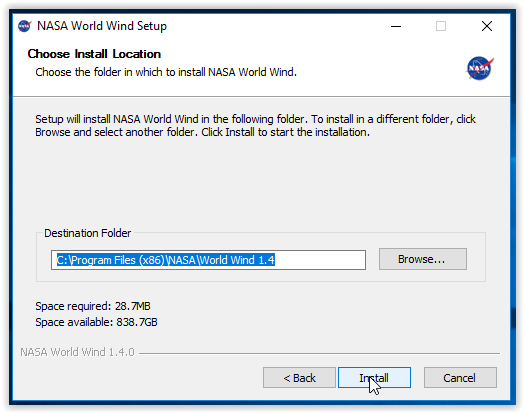 choose an Install Location for NASA World Wind
