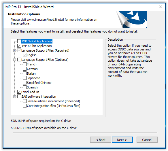 JMP 13 installation options