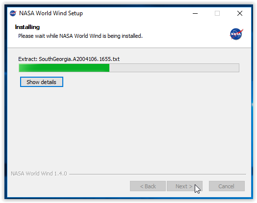 NASA World Wind installation status bar
