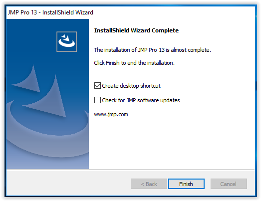 JMP 13 installation complete screen