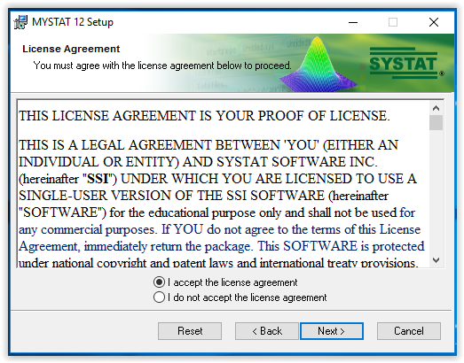 MYSTAT license agreement