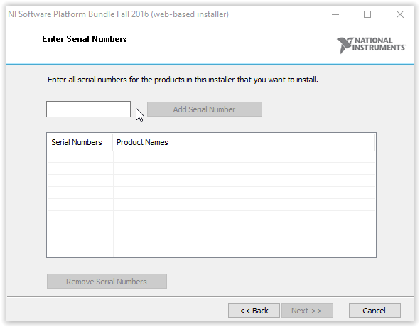 Enter Serial Number screen