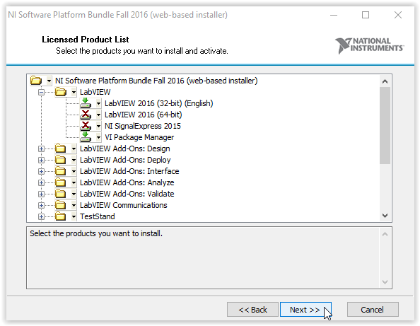 Licensed Product List window with next highlighted at the bottom of the window.