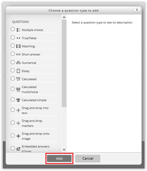 Question types window with options on the left sidebar and the add button on the bottom