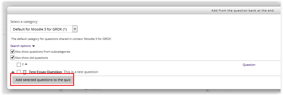 Add a question from question bank window with add selected questions button at bottom left