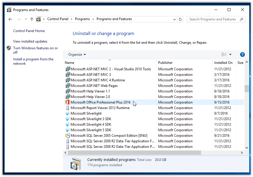 uninstall Microsoft Office from the liste of installed programs