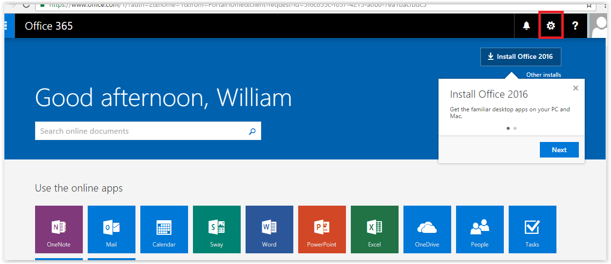 settings Icon on the Office 365 header